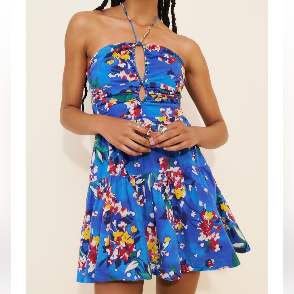 Anthropologie Emily Halter Mini Dress Small Floral Cut Out Ruched Open Back Blue